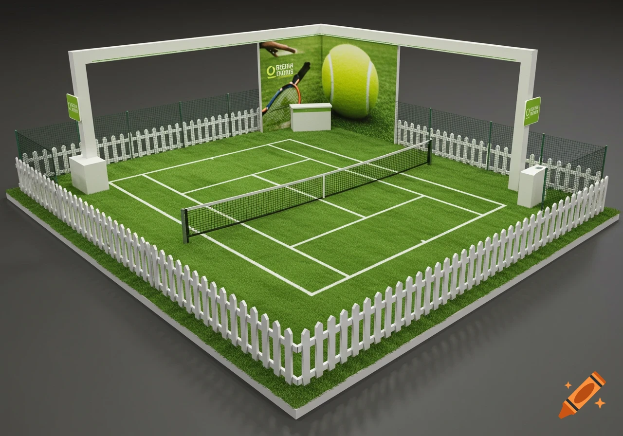 A 3D render of a miniature tennis court exhibition stand with a white picket fence.