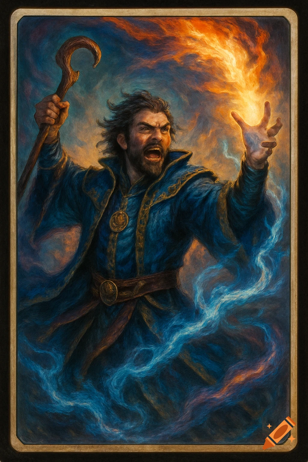 Painting of a wizard casting a fire spell with a staff, in a dramatic ...