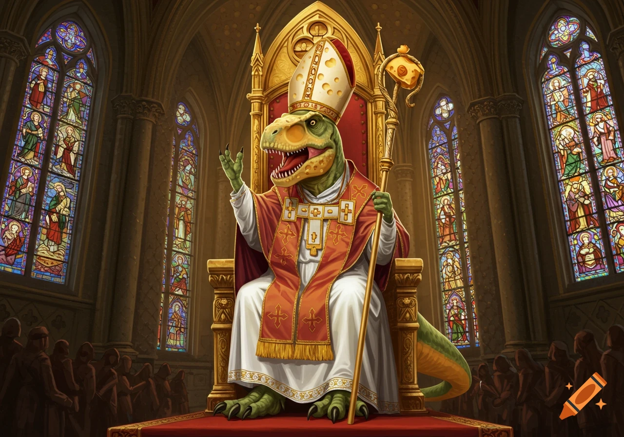 A Tyrannosaurus Rex dressed as a Pope sits on a throne in a church.