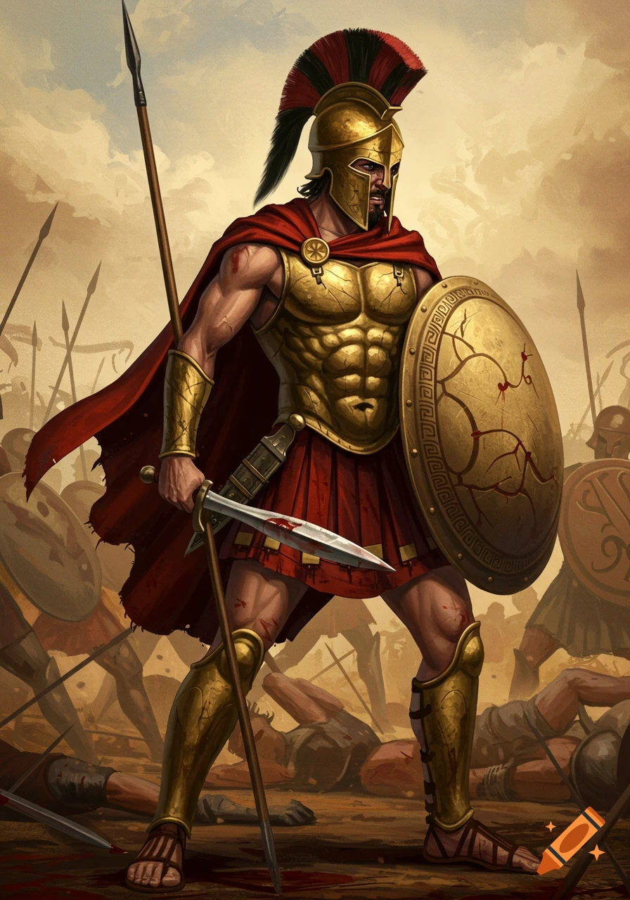 Illustration of a Spartan soldier in gold armor and red cape, holding a spear and sword, standing amidst fallen warriors on a battlefield.