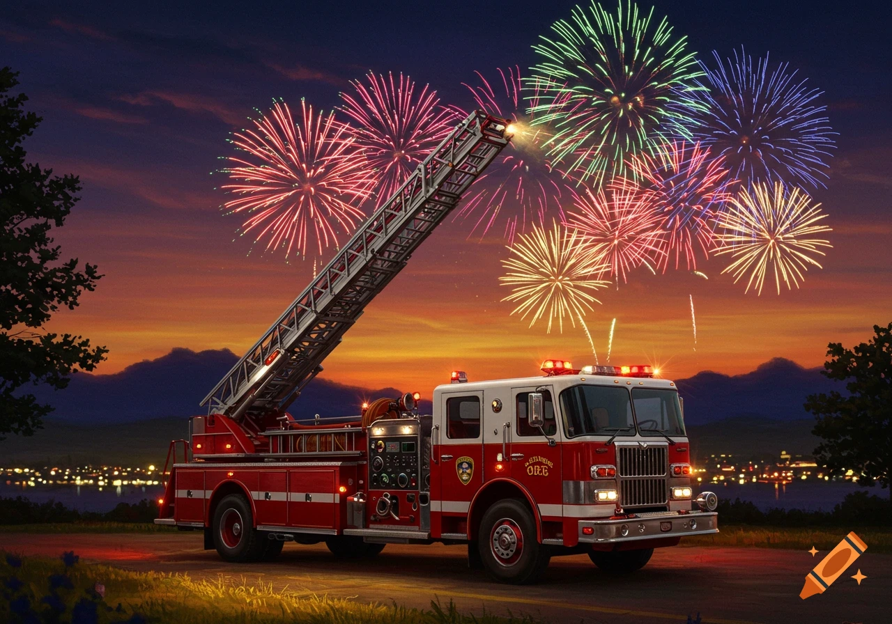 A red and white firetruck with its ladder extended faces colorful fireworks exploding in the night sky above a mountain landscape and city lights.