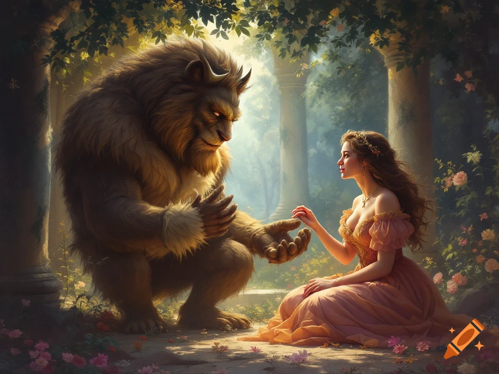 A beast and a woman in a dress face each other in a lush garden with columns.