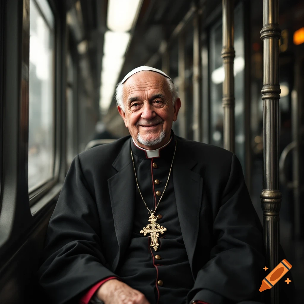 Portrait of an older man in cardinal attire smiling while riding public transport.