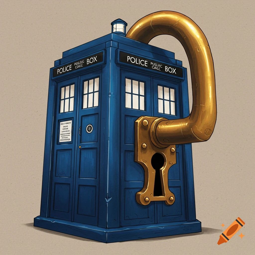 A blue police box (TARDIS) with a large golden padlock and keyhole on its side, illustration style.