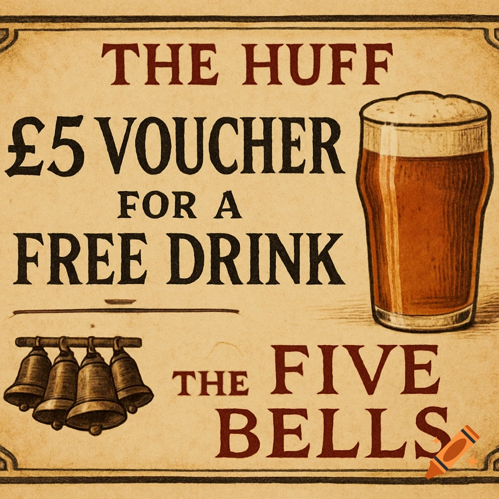 Vintage voucher for a £5 free drink at The Huff from The Five Bells, with a glass of beer and bells.