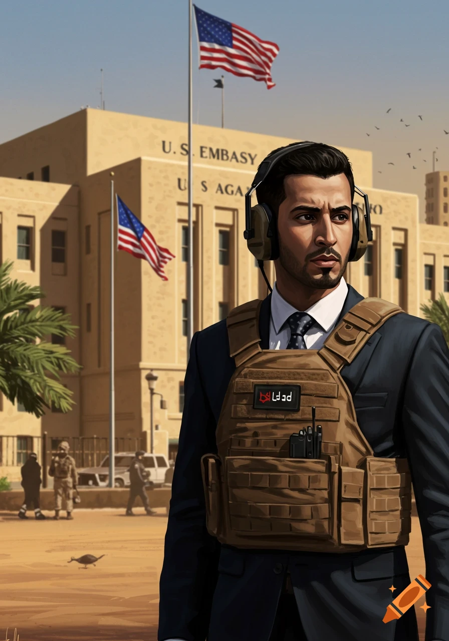 Digital illustration of a man in a suit and tactical vest standing in front of a U.S. Embassy.