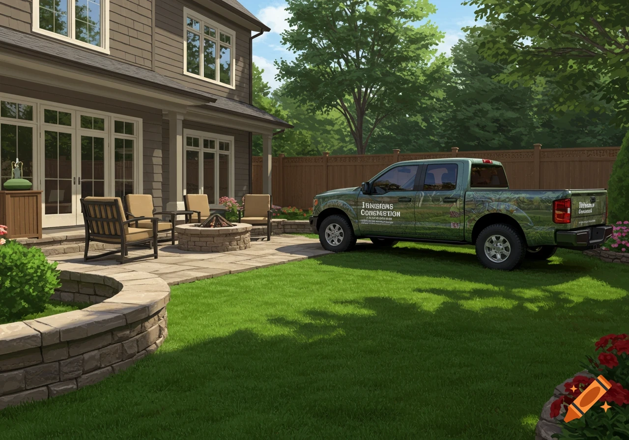 A suburban backyard with a patio, firepit, lawn, and a pickup truck parked on the grass.