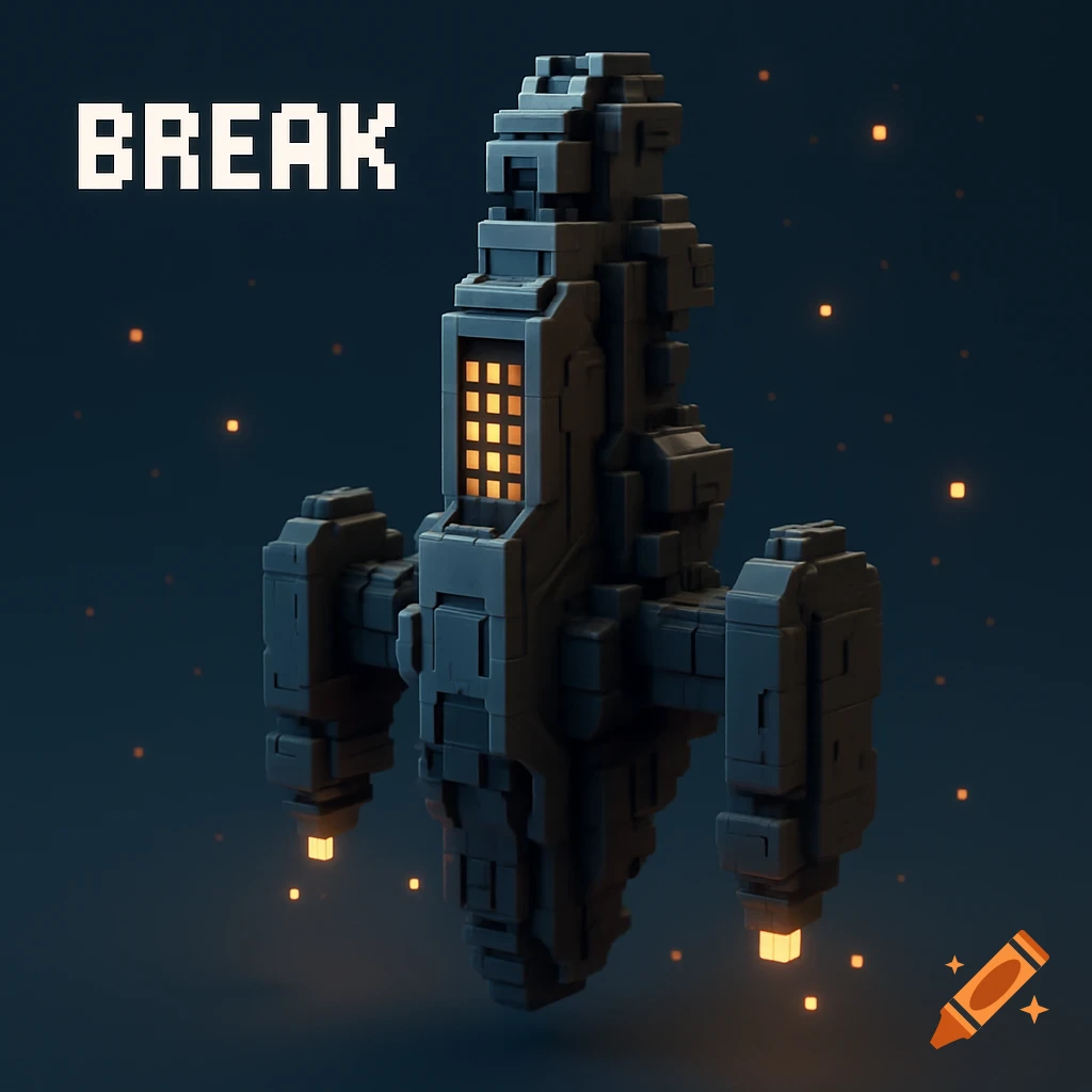 Voxel art rendering of a futuristic spaceship with the word BREAK