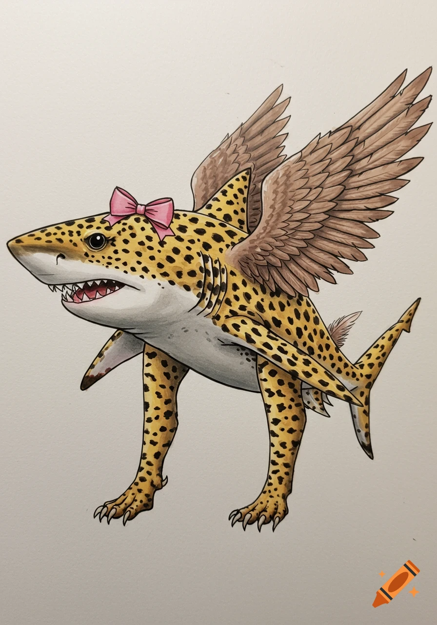 Illustration of a shark with cheetah print, legs, wings, and a pink bow.