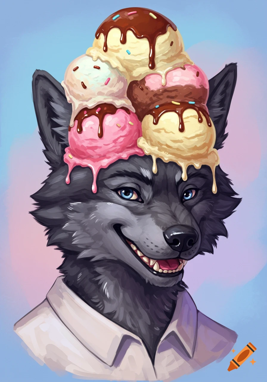 An anthropomorphic wolf wearing a shirt with scoops of ice cream on its head.