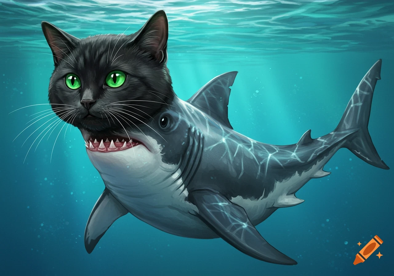 Illustration of a creature with a black cat head and a shark body swimming underwater.