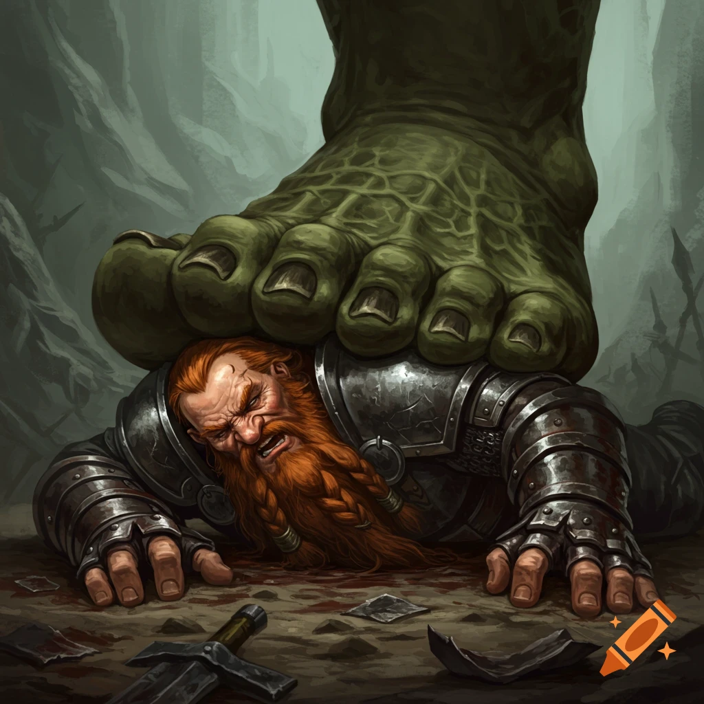 A dwarf lies crushed under a giant green foot in a fantasy illustration with blood on the ground.