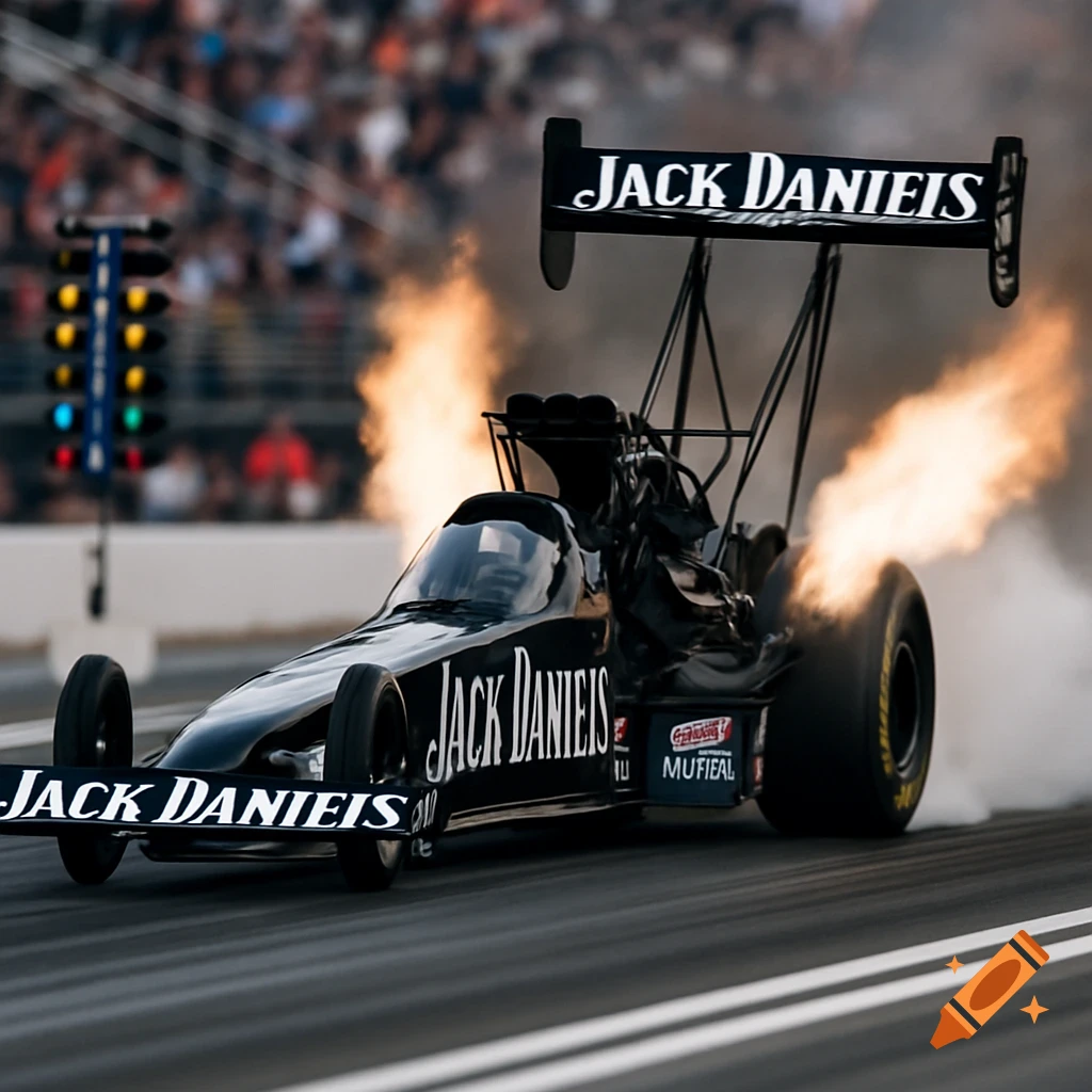 Black dragster with Jack Daniels branding races down a track with flames from the exhaust.