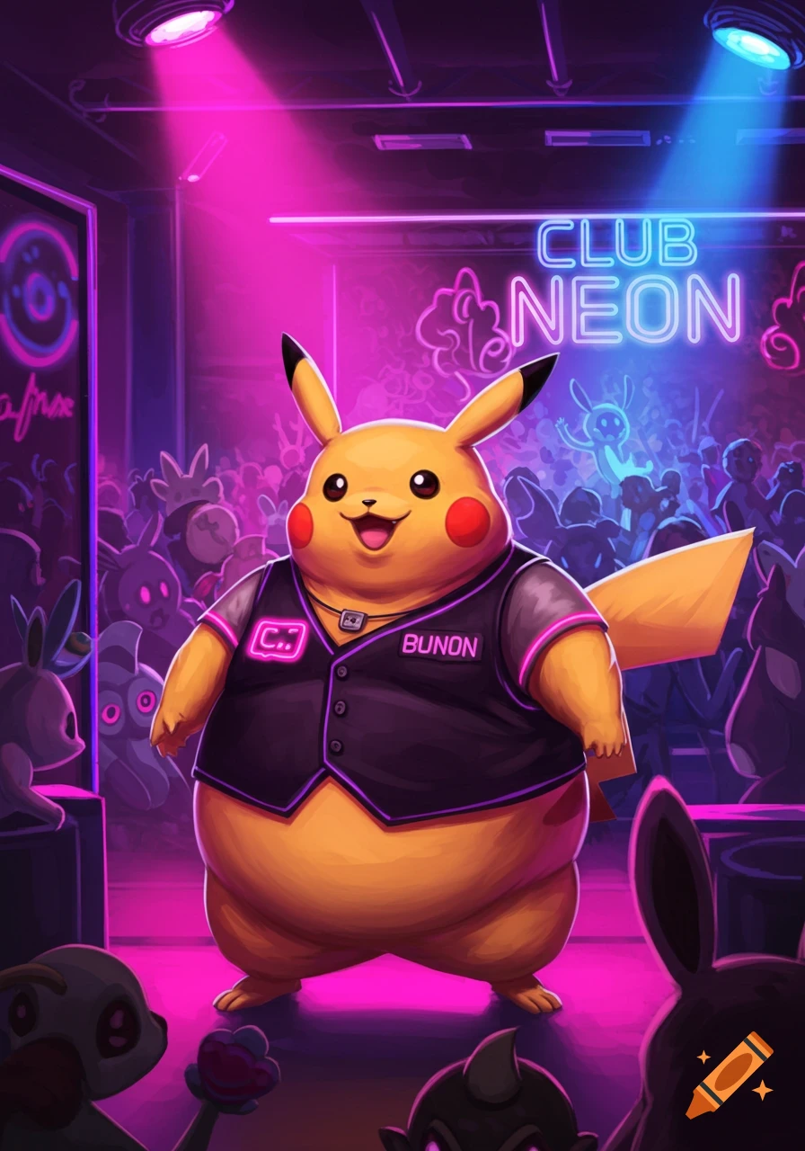 A large Pikachu wearing a black vest stands on a stage in a neon-lit nightclub with a crowd.