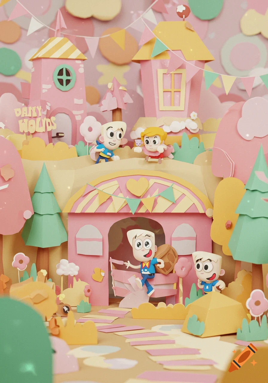 Paper art scene of cartoon characters in a pink landscape with buildings.