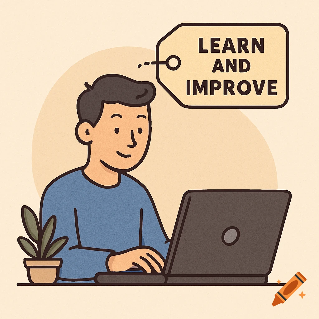 Illustration of a man working on a laptop with a tag that says LEARN AND IMPROVE