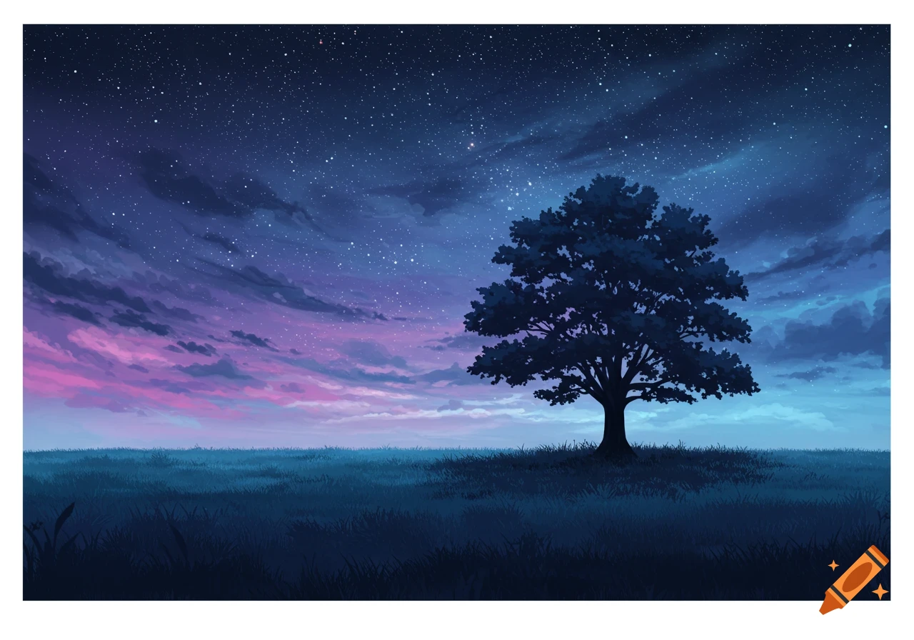 A silhouetted tree in a grassy field under a starry night sky with purple and blue clouds.