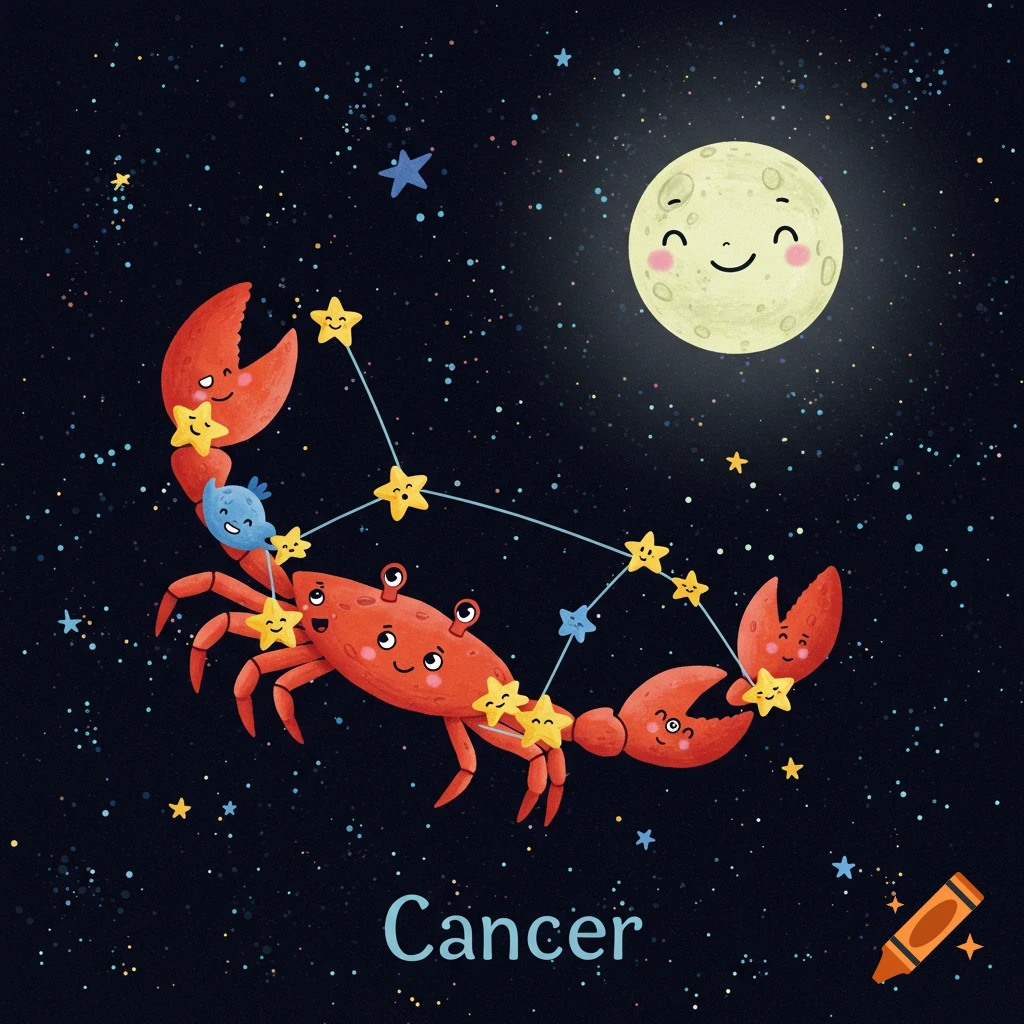 Cartoon Cancer zodiac constellation with a smiling moon and stars. Text reads Cancer.