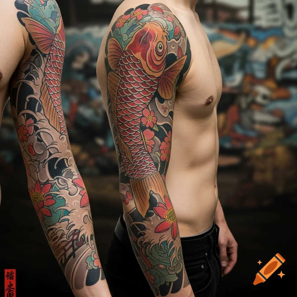 Japanese tattoo sleeve with a koi fish, waves, and cherry blossoms.