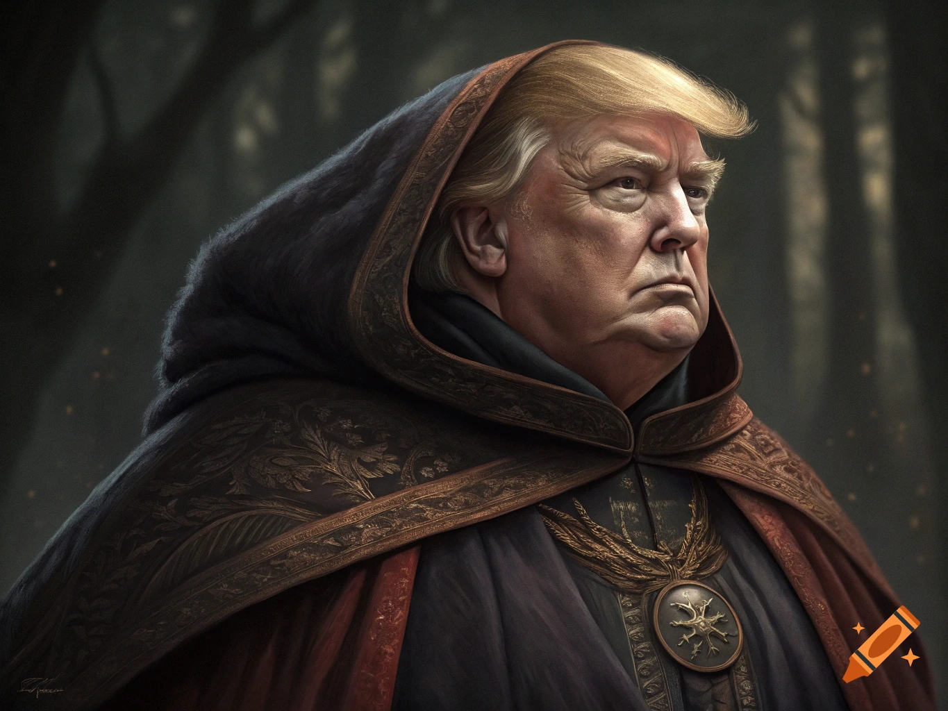 Portrait of a person resembling Donald Trump in a dark hooded fantasy robe in a forest.