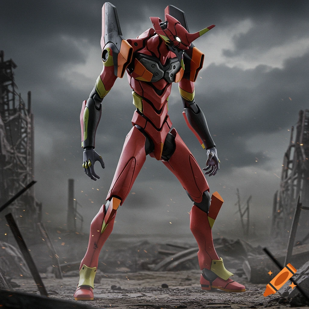 An Evangelion Unit-02 mech stands in a ruined city under a stormy sky.