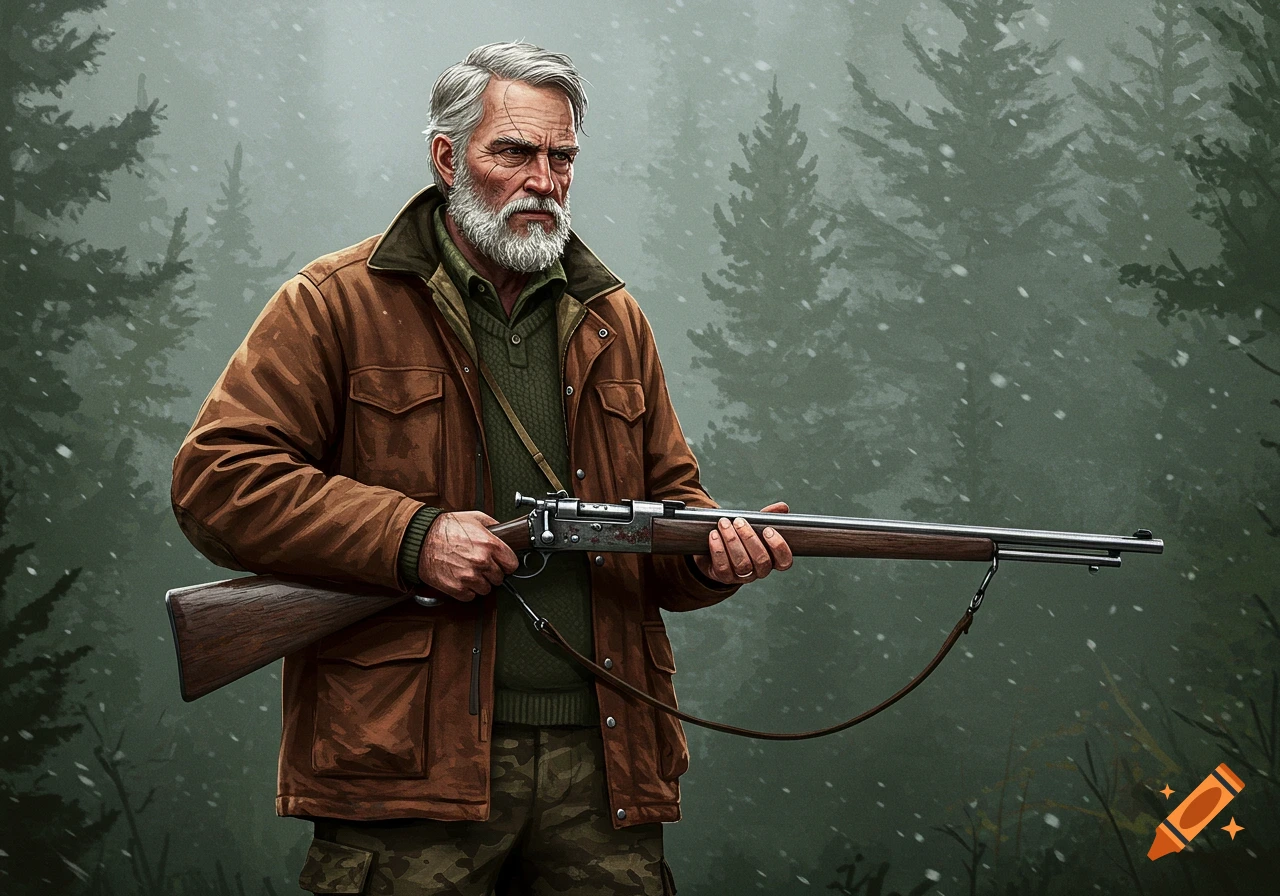 A gray-haired hunter holds a rifle in a snowy forest.