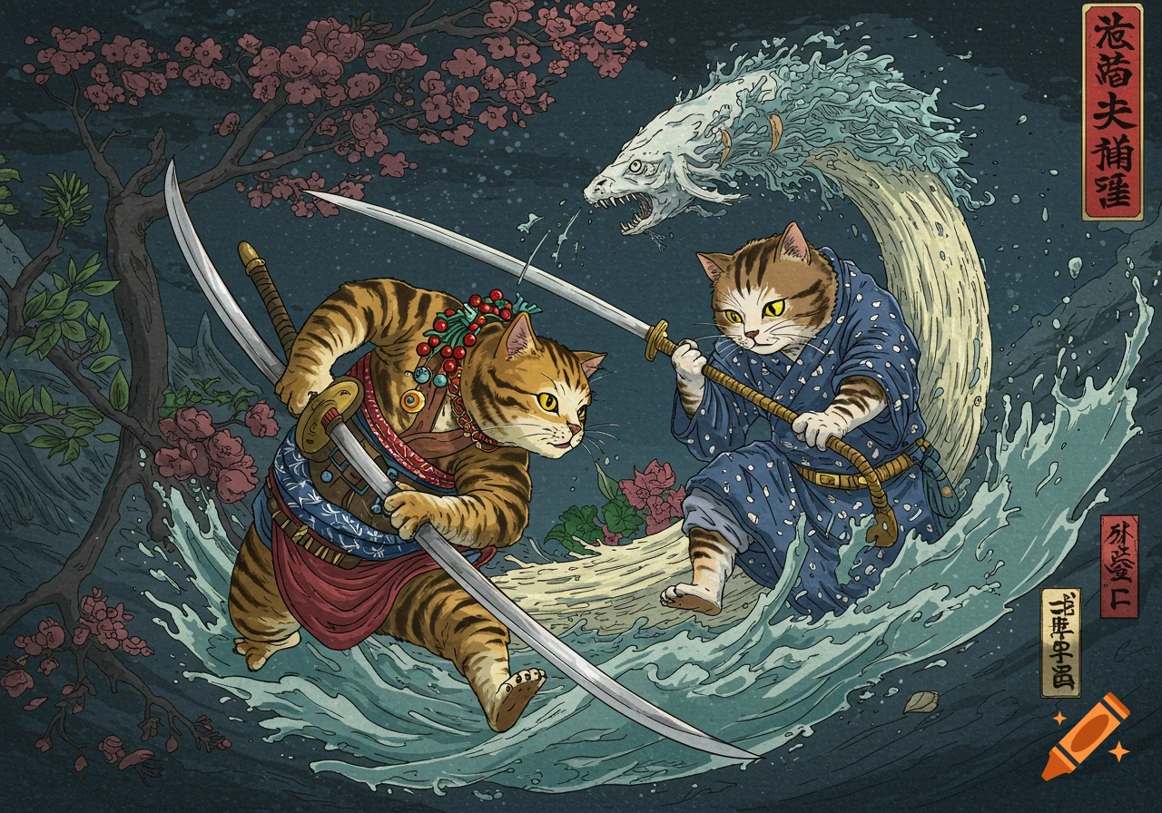 Two samurai cats duel on a large wave, with a water creature and cherry blossoms, in a Japanese ukiyo-e style.