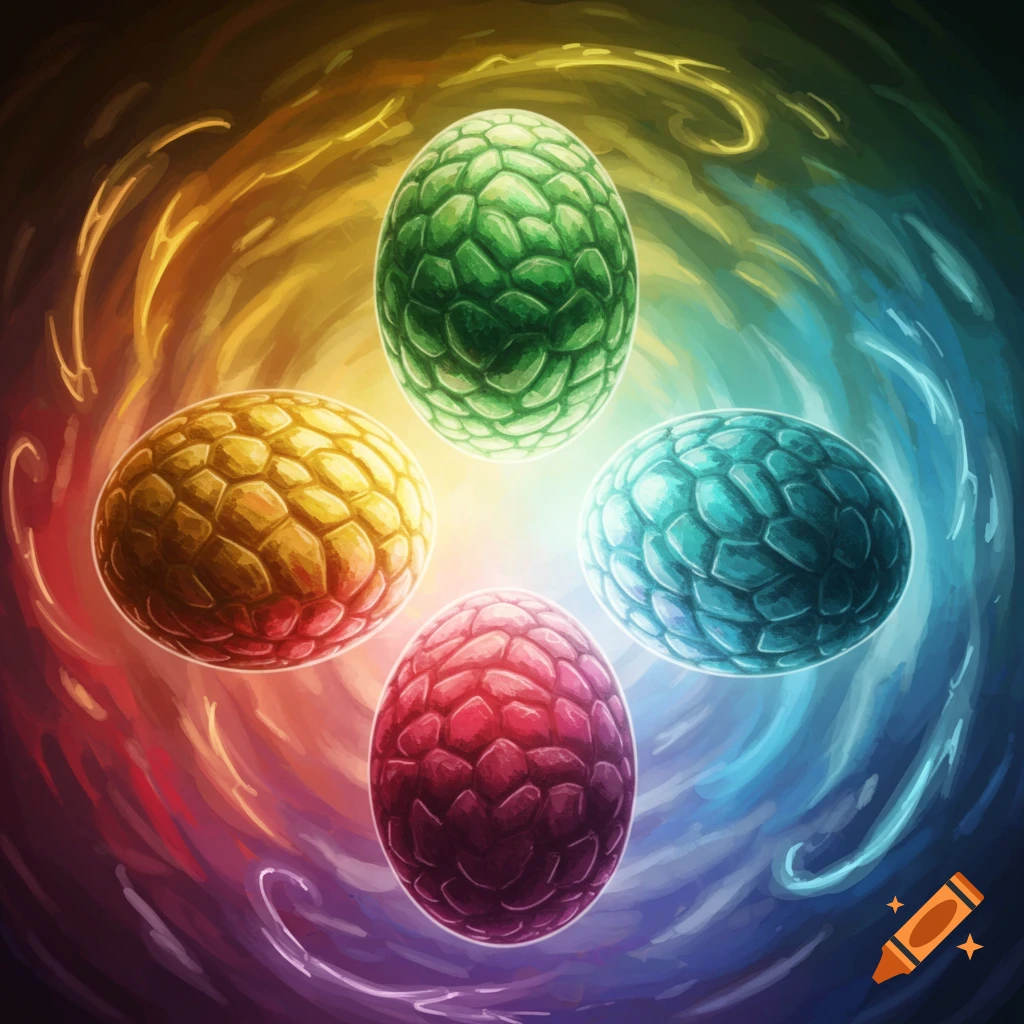 Four colorful dragon eggs with patterned shells, surrounded by swirling, magical light.