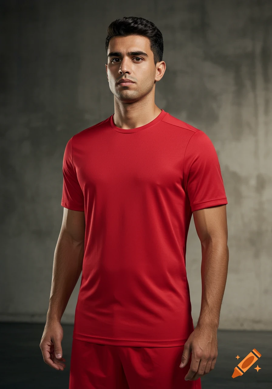 Photorealistic portrait of a male soccer player wearing a plain red jersey against a neutral background.