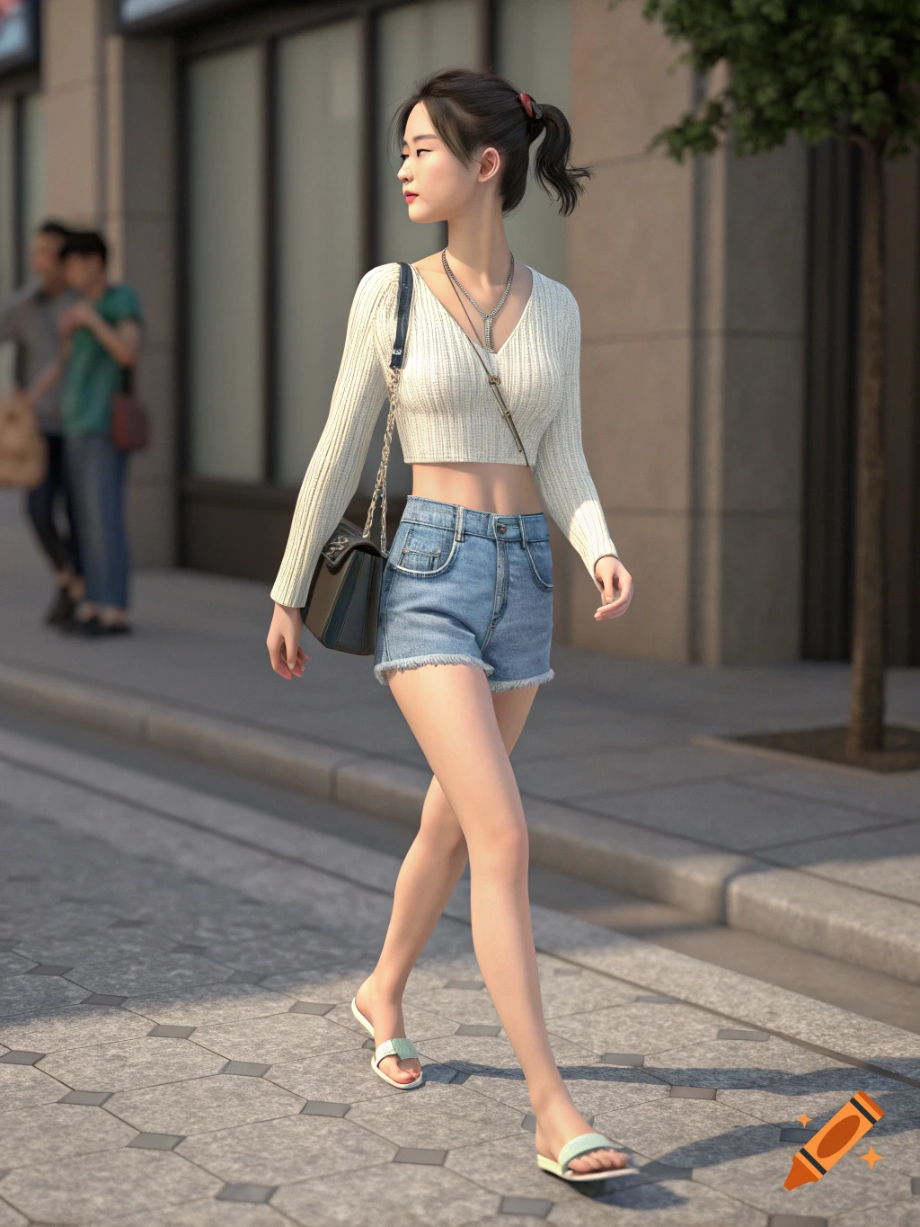 A woman in a white crop top and denim shorts walks on a city street in sandals, photorealistic style.