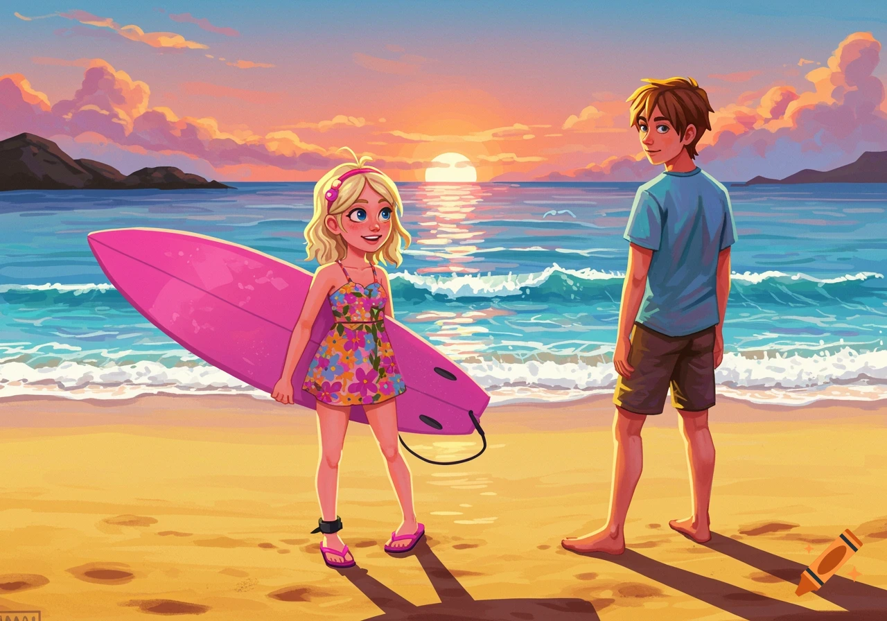 Illustration of a blonde girl with a surfboard and a boy on a beach at sunset.