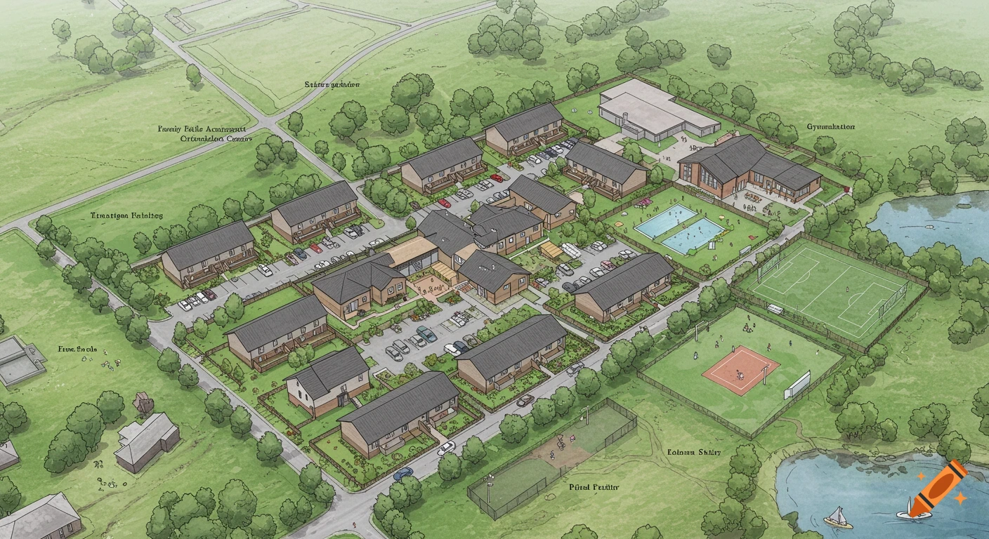 Aerial illustration of a community complex with buildings, sports fields, and a lake.