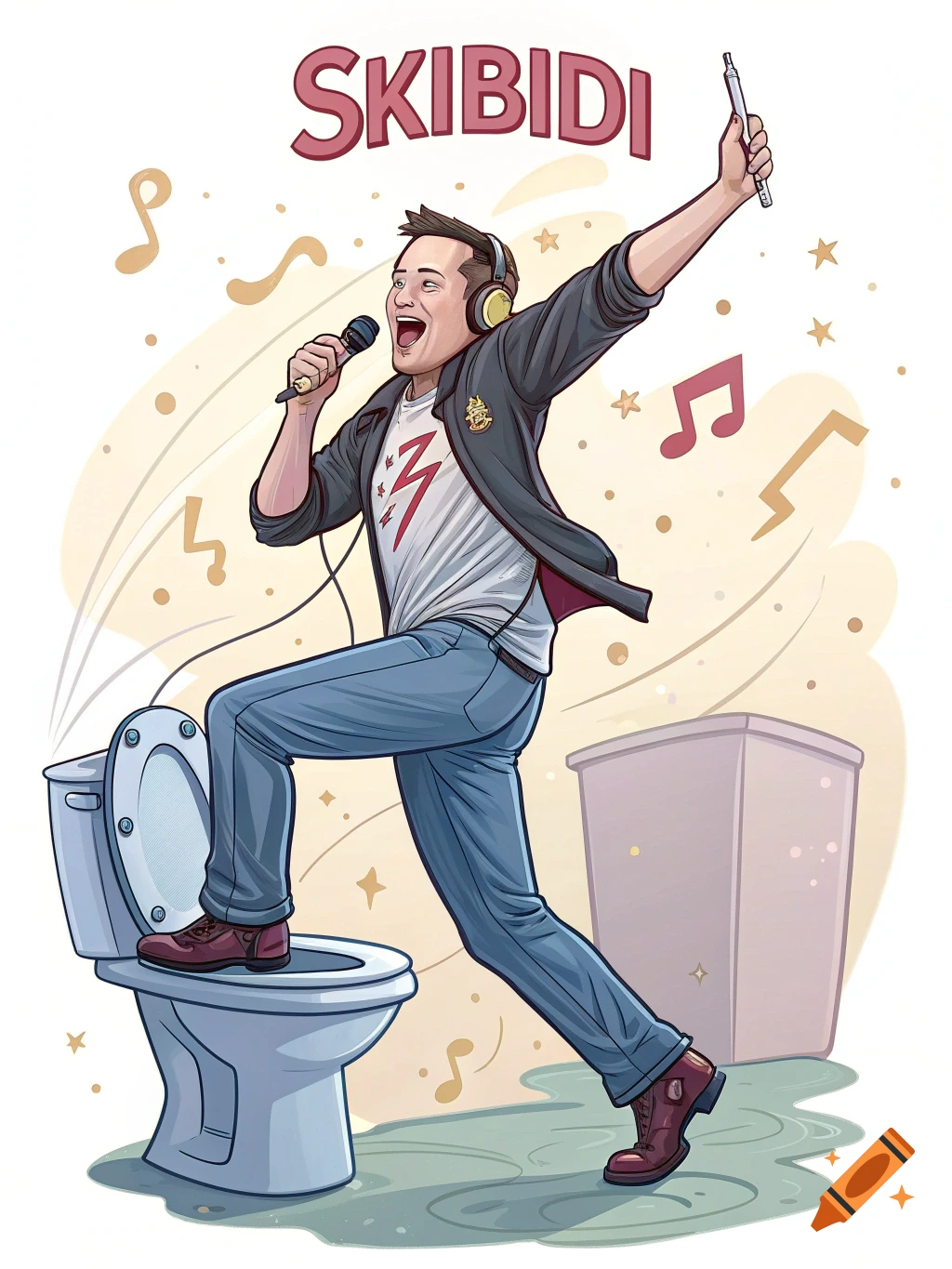 Cartoon man singing on a toilet with text SKIBIDI and musical notes.