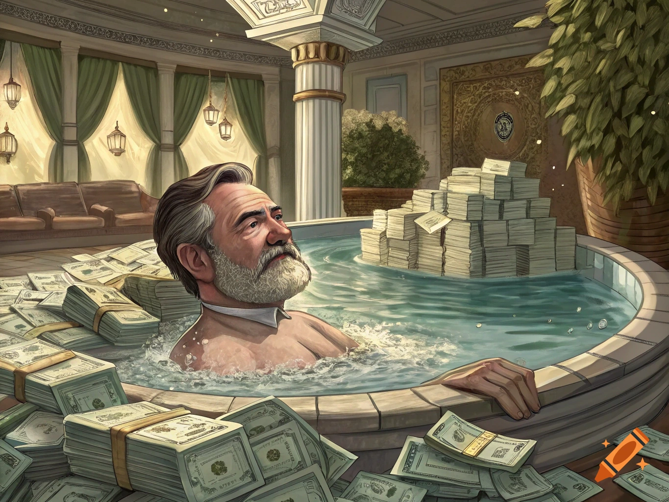 Man sits in bathtub filled with stacks of money, looking pleased.