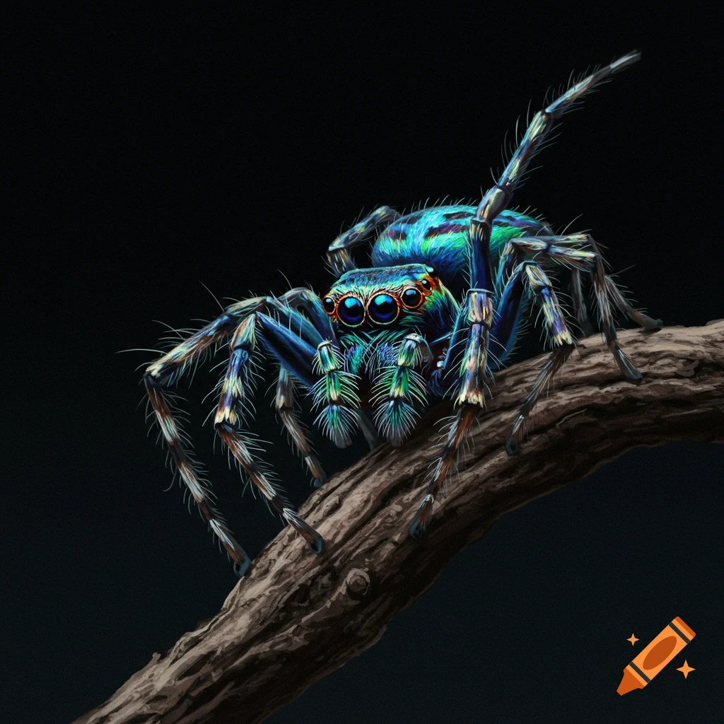 Detailed close-up of a colorful blue and green jumping spider on a branch.