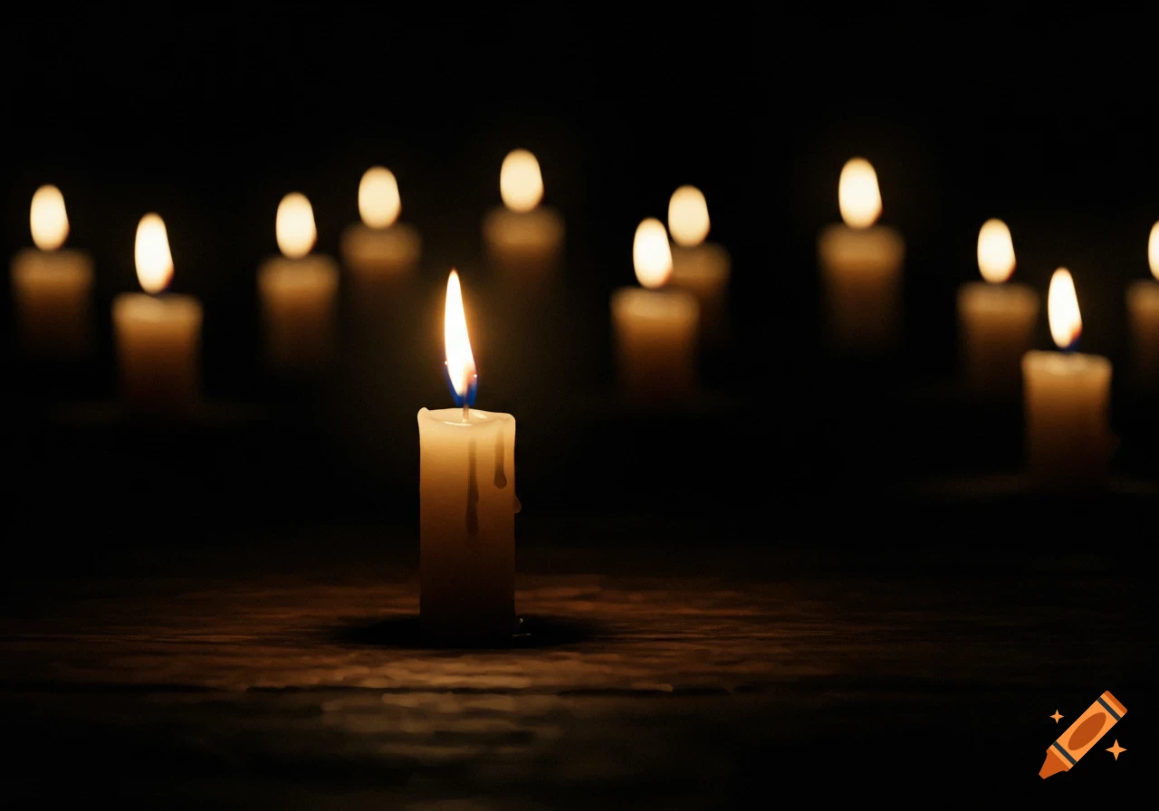 Lit candle in the foreground with blurred candles in a dark background.