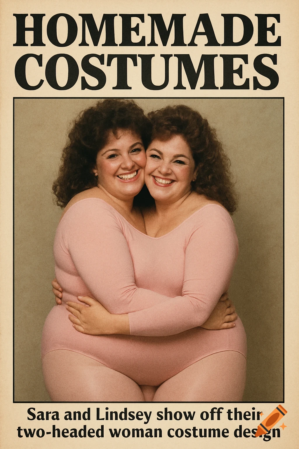 Two women in a pink leotard create a two-headed woman costume illusion, like a vintage magazine cover.