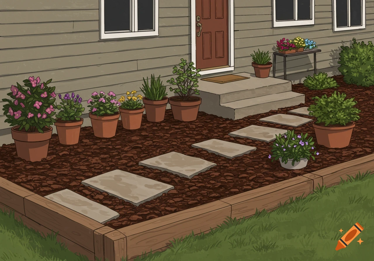 An illustration of a front yard garden with potted plants, stepping stones, and bark mulch.