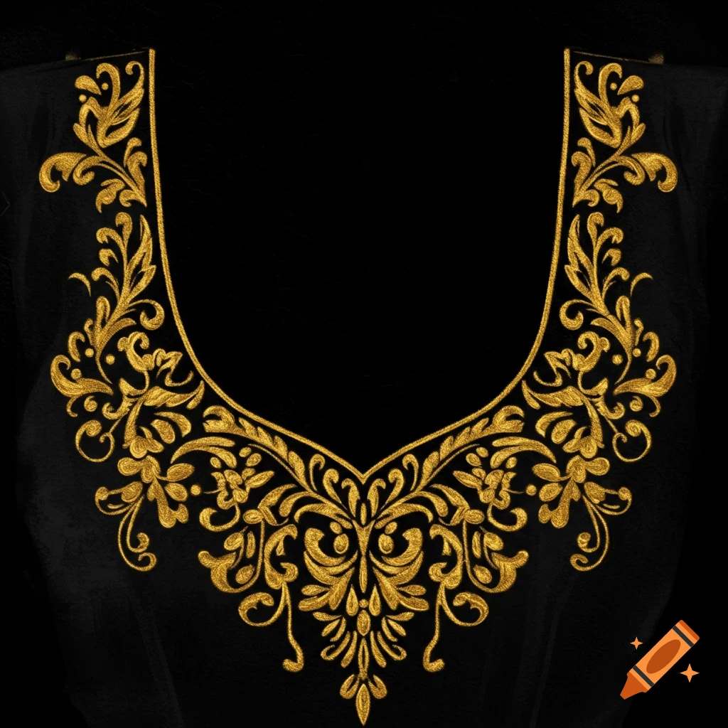 Detailed gold embroidery on a black fabric