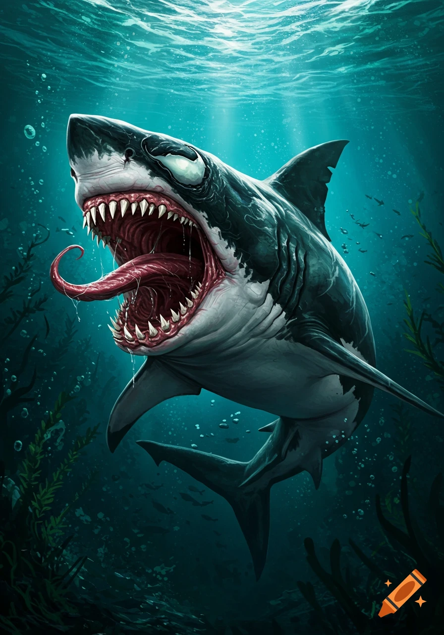 A menacing Venom-fused shark swims underwater with its jaws wide open, revealing a long tongue.