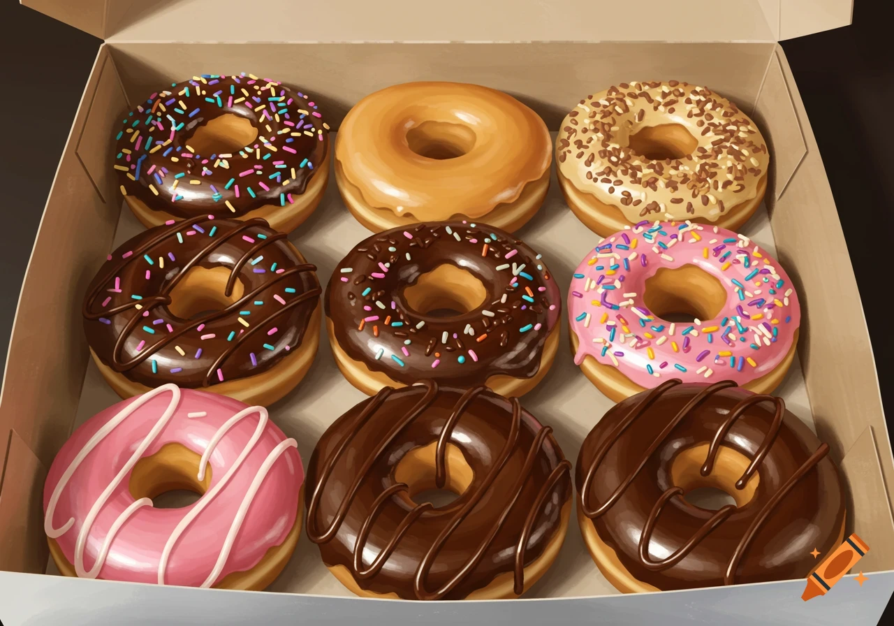 Illustration of nine assorted donuts in a cardboard box