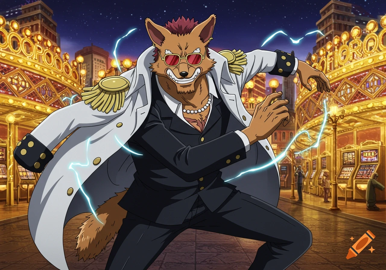 Anime style image of a fox character in a suit, white coat, and sunglasses, posing in front of golden casinos at night.