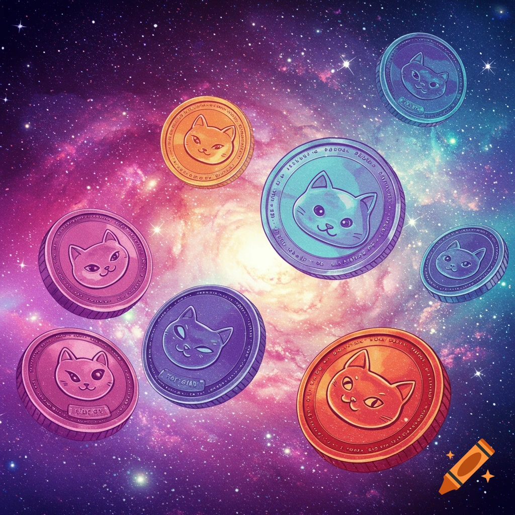 Colorful coins with cat faces float in front of a galaxy in space.