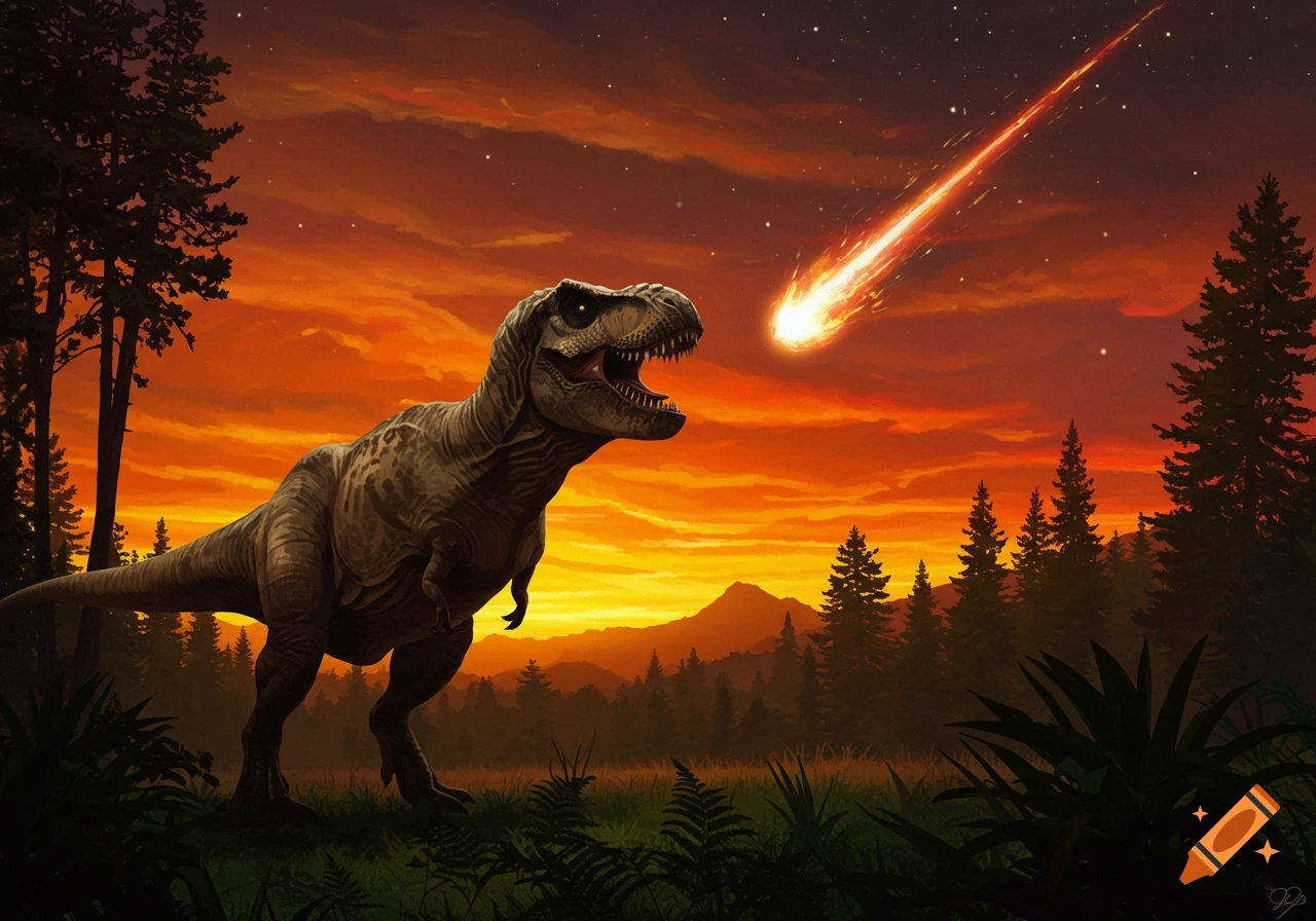 A T-Rex watches a meteor fall through a dramatic orange sunset sky over a prehistoric landscape.