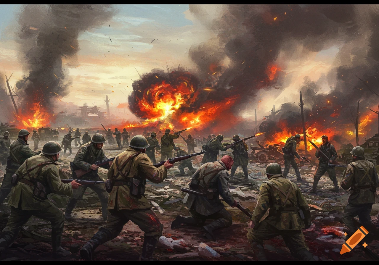 Soldiers advance and fire weapons on a smoky battlefield with explosions and fire in a painterly style.