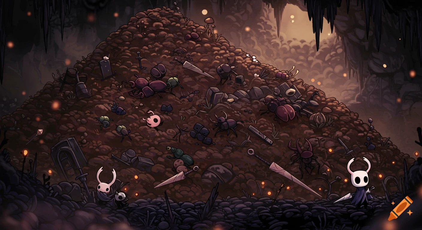 Hollow Knight characters near a pile of dead bugs, debris, and weapons in a dark cavern.
