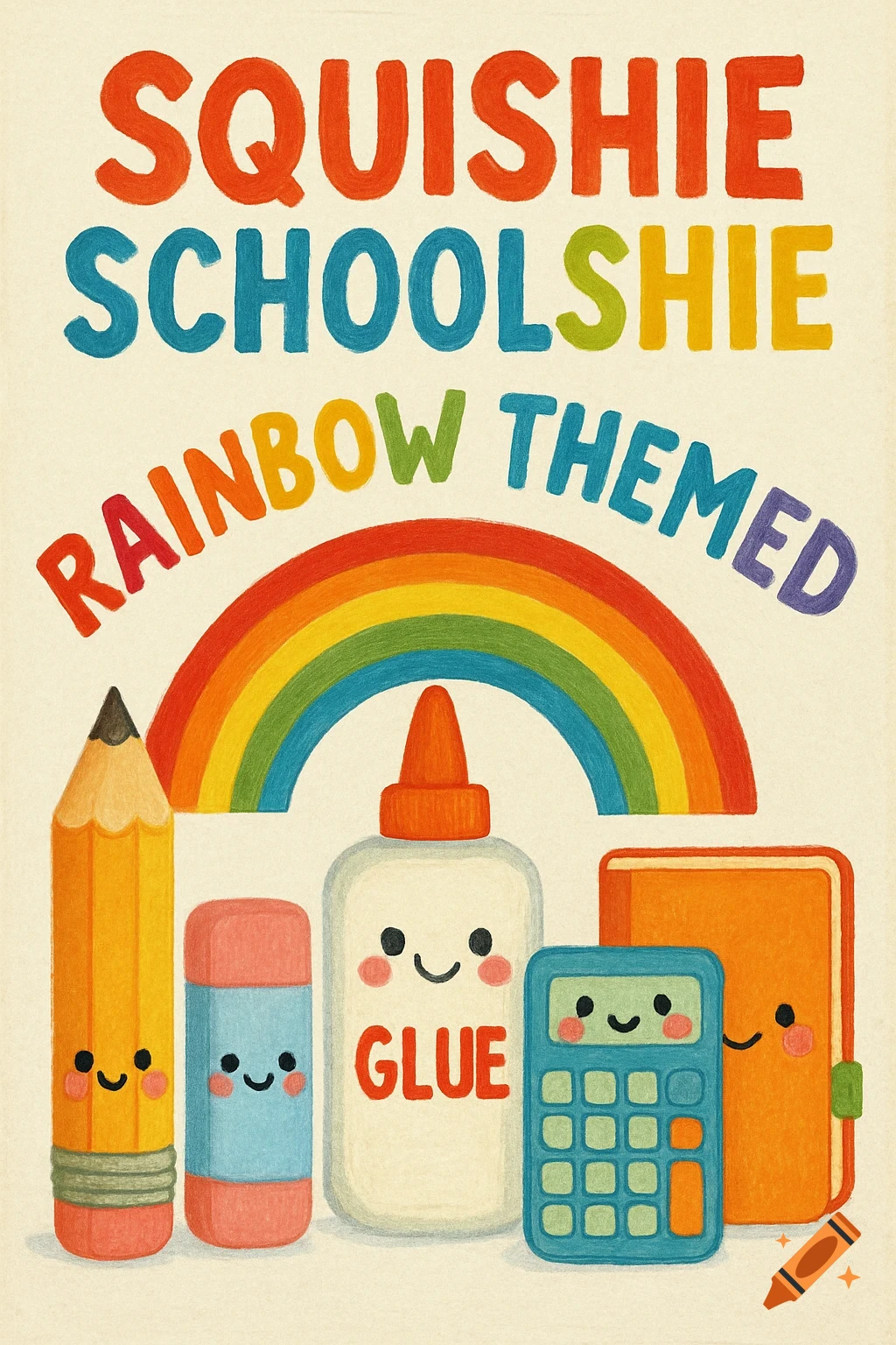 Hand-painted illustration of cute, smiling school supplies (pencil, eraser, glue, calculator, notebook) under a rainbow with text 'Squishie Schoolshie Rainbow Themed'.