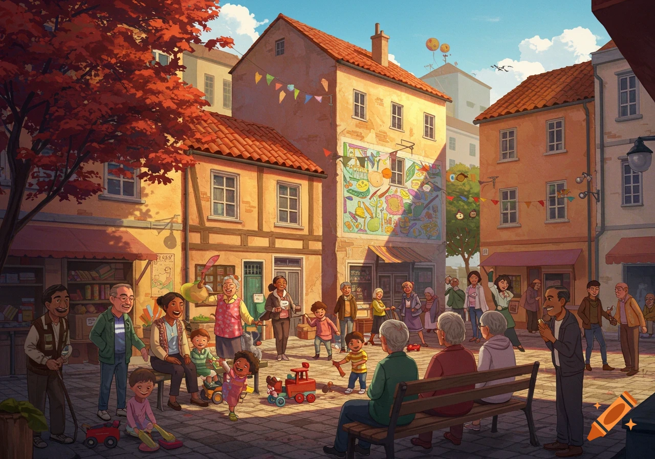 A sunny illustration of a bustling town square filled with many people of different ages, including children playing, and shops.
