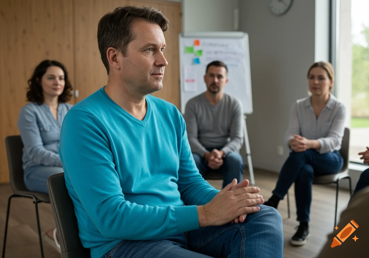 A man in a blue sweater sits in a support group circle, looking engaged.