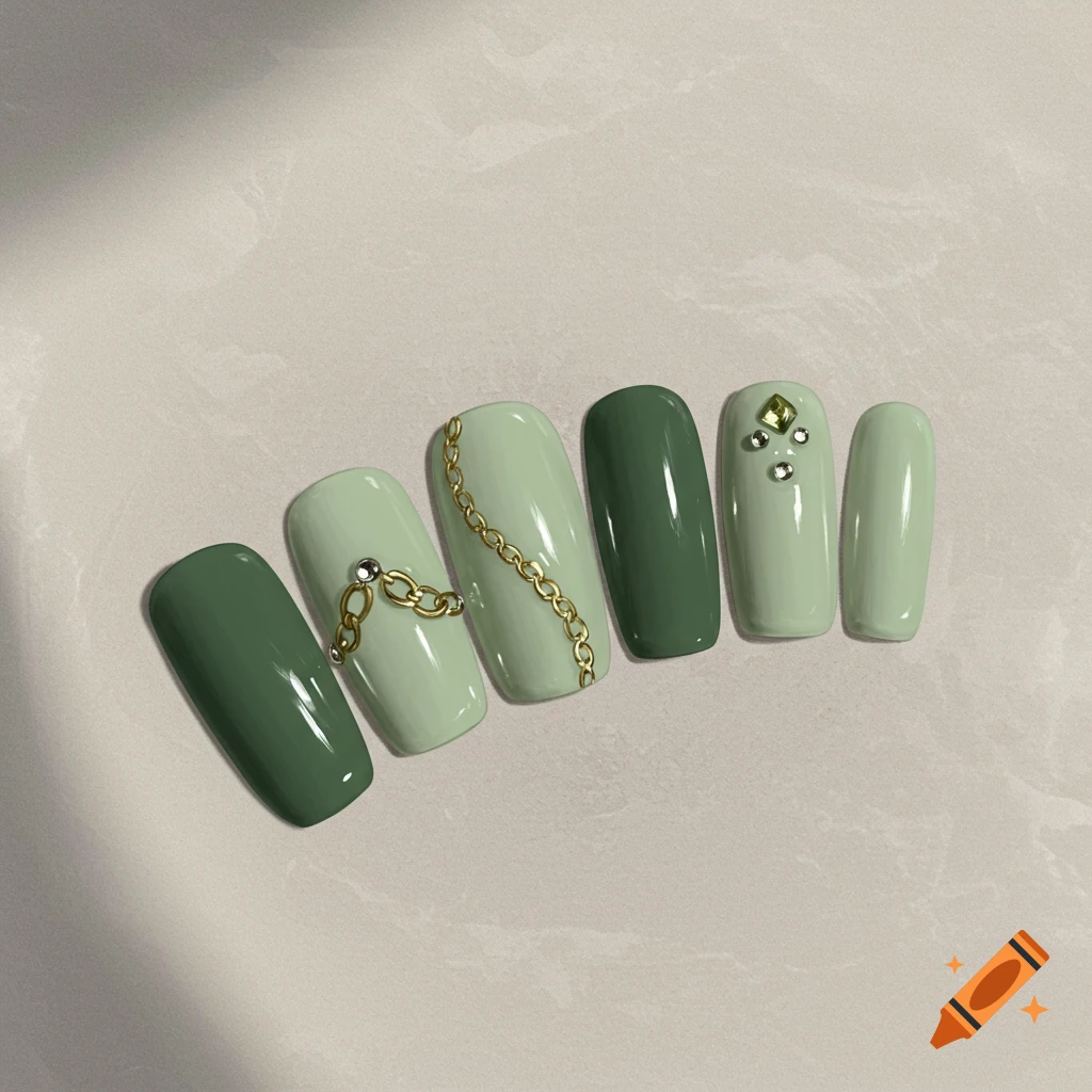 Set of six fake nails in light and dark green with gold chains and gems.